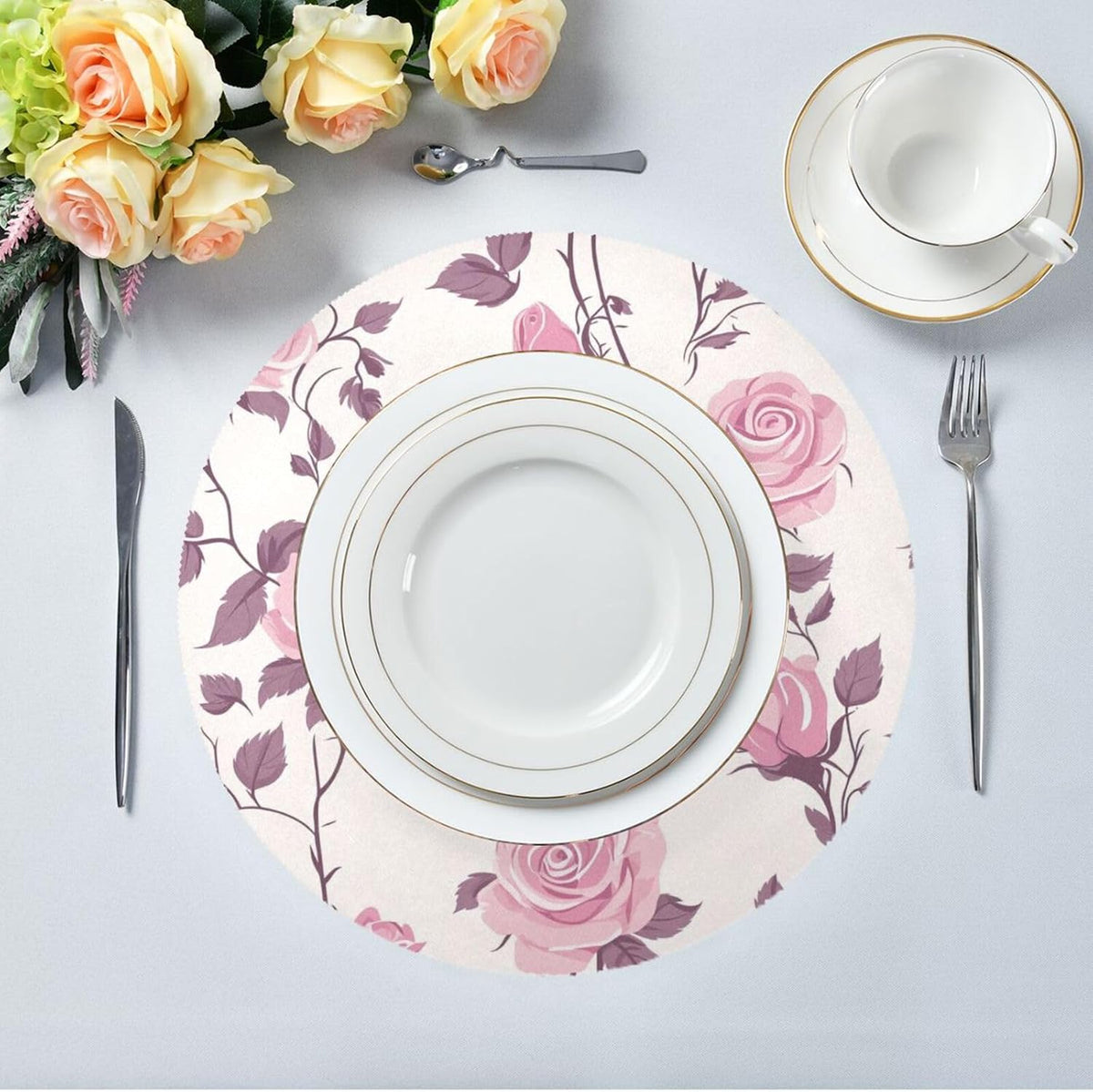 Floral Pattern Rose Peach Round Table placemat Reversible Quilted placemat Plastic placemats for Dining Table placemats Waterproof Xmas placemats Set of 6 15.4x15.4in