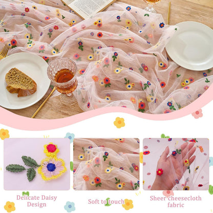 6PCS Pink Floral Table Runner 10 FT, Embroidery Daisy Table Runners Seasonal Spring Summer Sheer Tulle Dining Table Decor for Home Party Birthday Decor 29x120 Inch
