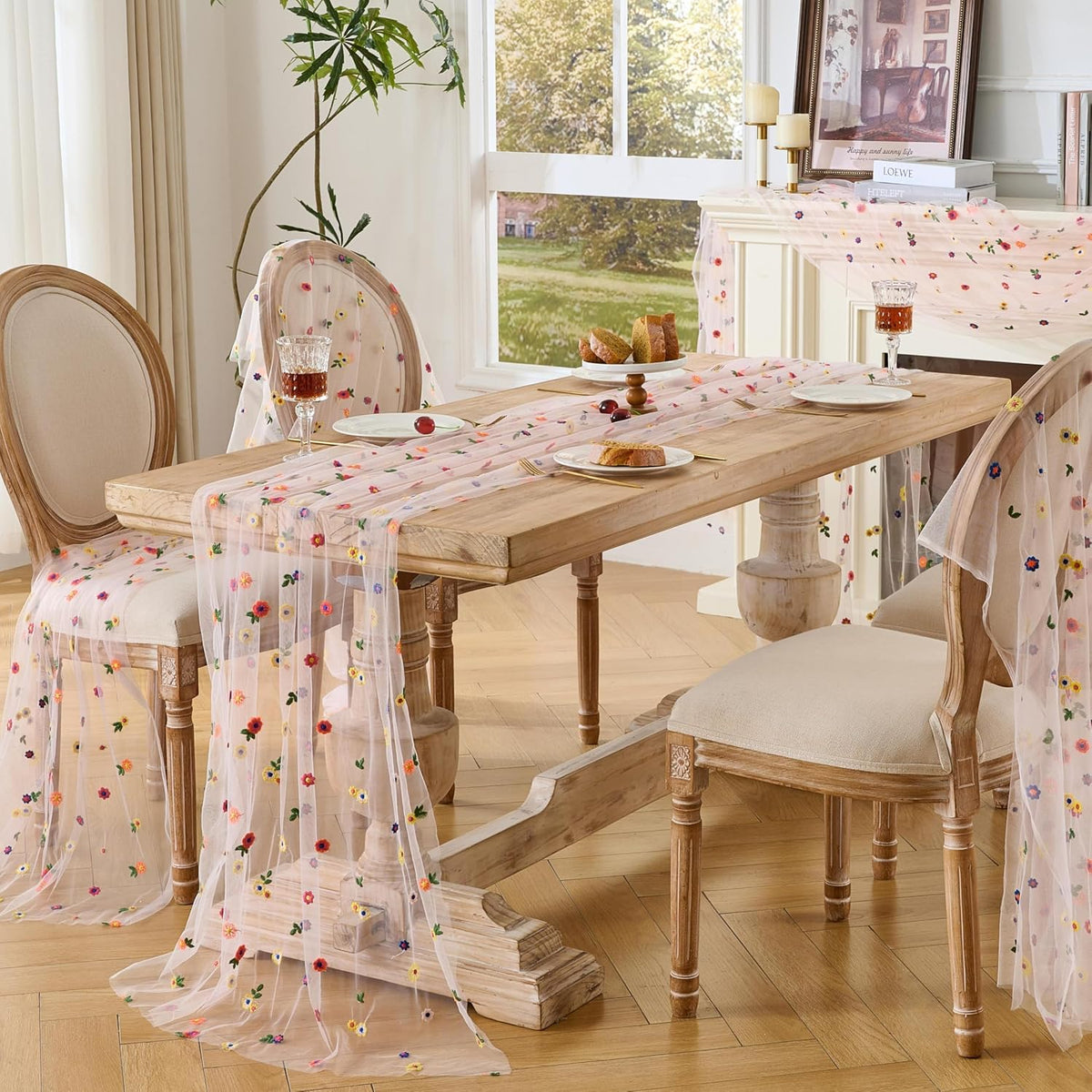 6PCS Pink Floral Table Runner 10 FT, Embroidery Daisy Table Runners Seasonal Spring Summer Sheer Tulle Dining Table Decor for Home Party Birthday Decor 29x120 Inch