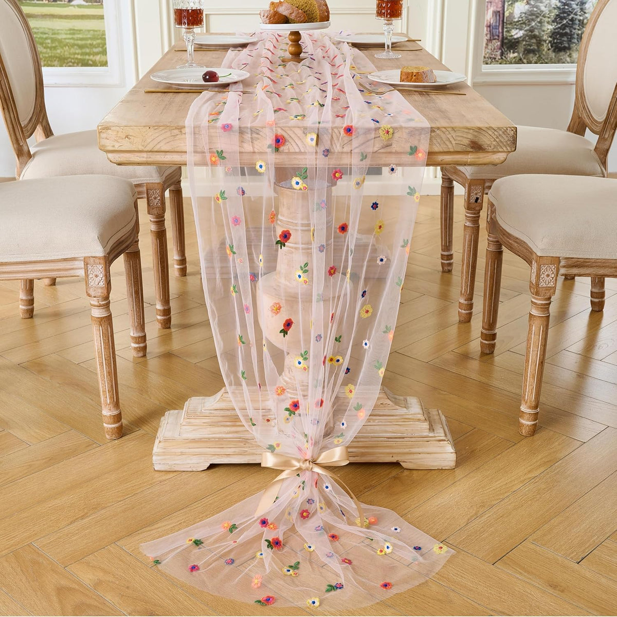 6PCS Pink Floral Table Runner 10 FT, Embroidery Daisy Table Runners Seasonal Spring Summer Sheer Tulle Dining Table Decor for Home Party Birthday Decor 29x120 Inch