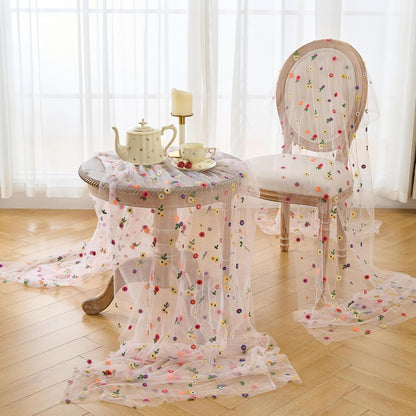 6PCS Pink Floral Table Runner 10 FT, Embroidery Daisy Table Runners Seasonal Spring Summer Sheer Tulle Dining Table Decor for Home Party Birthday Decor 29x120 Inch
