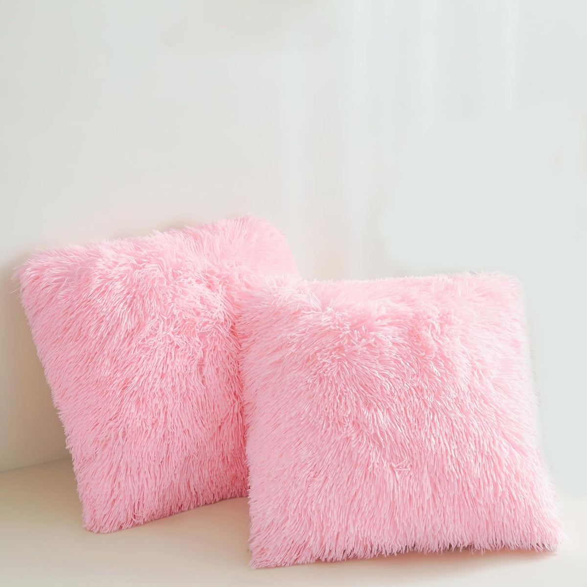 Fluffy Throw Pillow Covers Pink 18"x18" Faux Fur Furry Cushion Covers Shaggy Plush Fuzzy Pillow Cases Decorative Pillow Shams with Zipper Set of 2 for Sofa Living Room Bedroom Interior