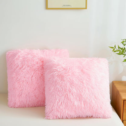Fluffy Throw Pillow Covers Pink 18"x18" Faux Fur Furry Cushion Covers Shaggy Plush Fuzzy Pillow Cases Decorative Pillow Shams with Zipper Set of 2 for Sofa Living Room Bedroom Interior