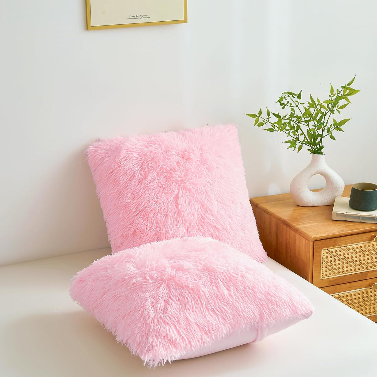 Fluffy Throw Pillow Covers Pink 18"x18" Faux Fur Furry Cushion Covers Shaggy Plush Fuzzy Pillow Cases Decorative Pillow Shams with Zipper Set of 2 for Sofa Living Room Bedroom Interior