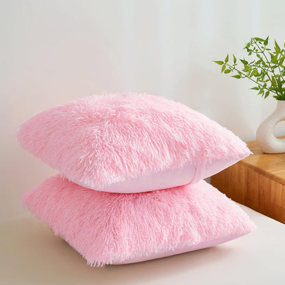 Fluffy Throw Pillow Covers Pink 18"x18" Faux Fur Furry Cushion Covers Shaggy Plush Fuzzy Pillow Cases Decorative Pillow Shams with Zipper Set of 2 for Sofa Living Room Bedroom Interior