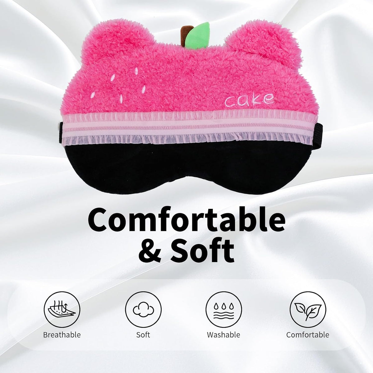 Sleep Eye Masks, Cute Bear Plush Sleep Eye Cover Lightweight Adjustable Eyeshade Faux Fur Mask Cover for Women Men Kids Sleep Travel Nap, Rose Pink Cake