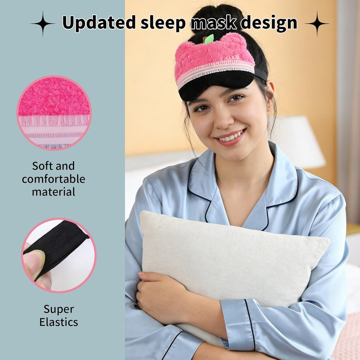 Sleep Eye Masks, Cute Bear Plush Sleep Eye Cover Lightweight Adjustable Eyeshade Faux Fur Mask Cover for Women Men Kids Sleep Travel Nap, Rose Pink Cake
