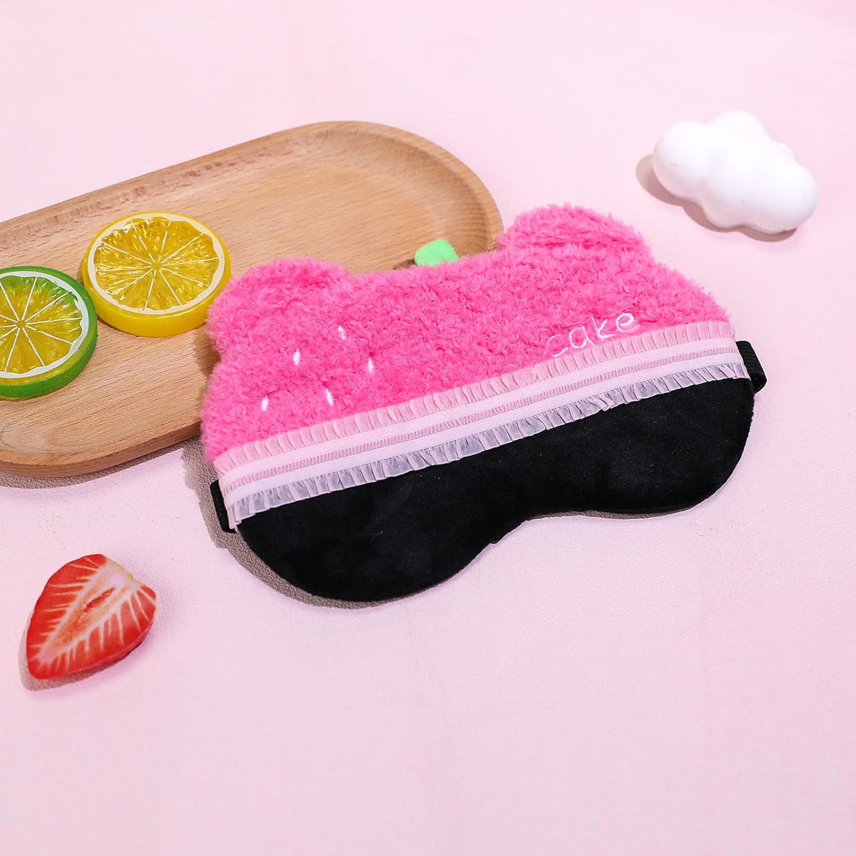 Sleep Eye Masks, Cute Bear Plush Sleep Eye Cover Lightweight Adjustable Eyeshade Faux Fur Mask Cover for Women Men Kids Sleep Travel Nap, Rose Pink Cake