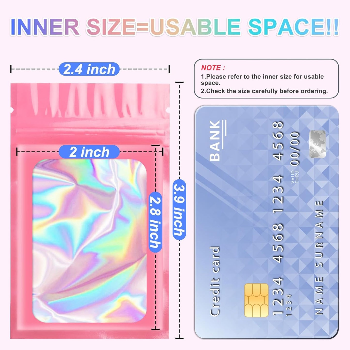 100 Pcs Pink Holographic Mylar Bags 2.4 x 3.9 In, Smell Proof Packaging Bag with Clear Window for Small Business, Resealable Zip Gift Bags for Candy Treat Jewelry, Sealable Goodie Bag for Favor