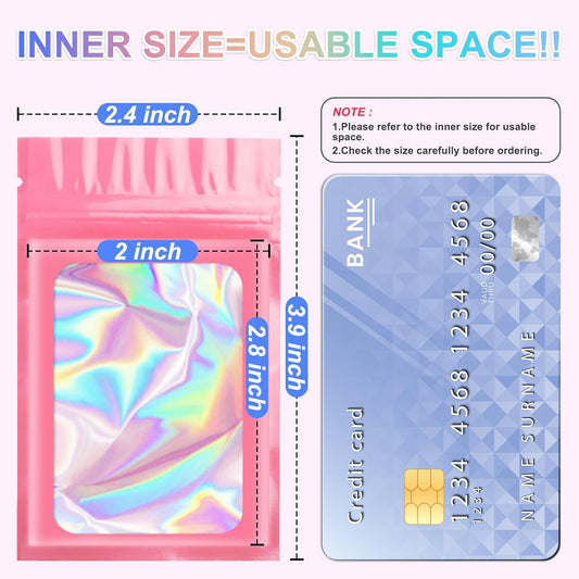 100 Pcs Pink Holographic Mylar Bags 2.4 x 3.9 In, Smell Proof Packaging Bag with Clear Window for Small Business, Resealable Zip Gift Bags for Candy Treat Jewelry, Sealable Goodie Bag for Favor