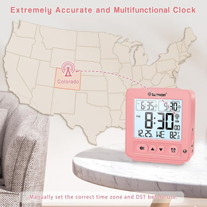 Small Digital Atomic Alarm Clock for Bedroom, Travel Table Clock with Auto/8s Backlight, 2 Alarm, Temperature, Desk Clock Battery Operated for Deep Sleepers Kids Elderly Home Office, Pink