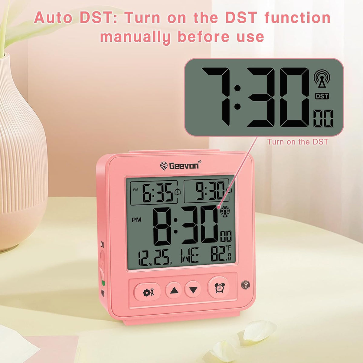 Small Digital Atomic Alarm Clock for Bedroom, Travel Table Clock with Auto/8s Backlight, 2 Alarm, Temperature, Desk Clock Battery Operated for Deep Sleepers Kids Elderly Home Office, Pink