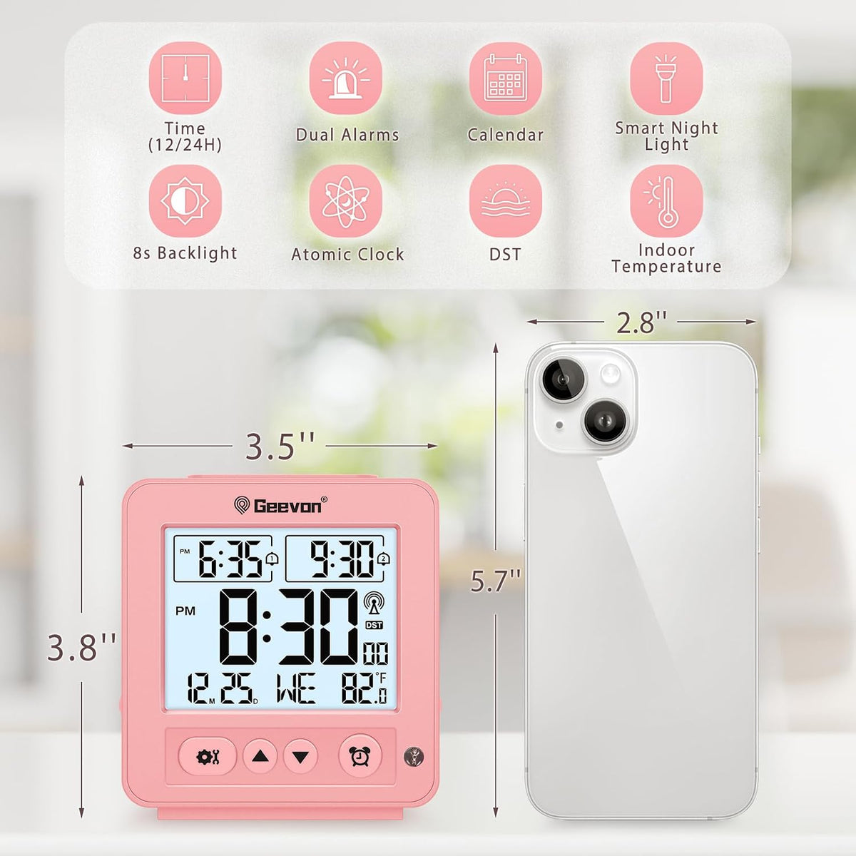 Small Digital Atomic Alarm Clock for Bedroom, Travel Table Clock with Auto/8s Backlight, 2 Alarm, Temperature, Desk Clock Battery Operated for Deep Sleepers Kids Elderly Home Office, Pink