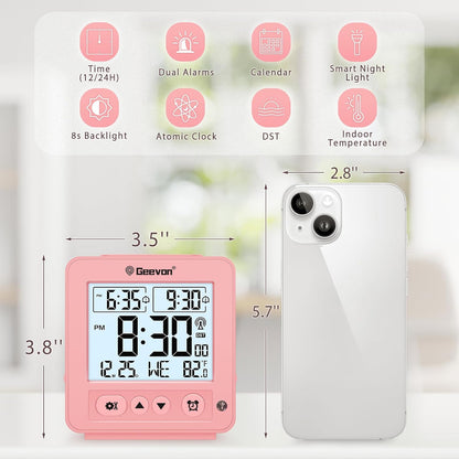 Small Digital Atomic Alarm Clock for Bedroom, Travel Table Clock with Auto/8s Backlight, 2 Alarm, Temperature, Desk Clock Battery Operated for Deep Sleepers Kids Elderly Home Office, Pink