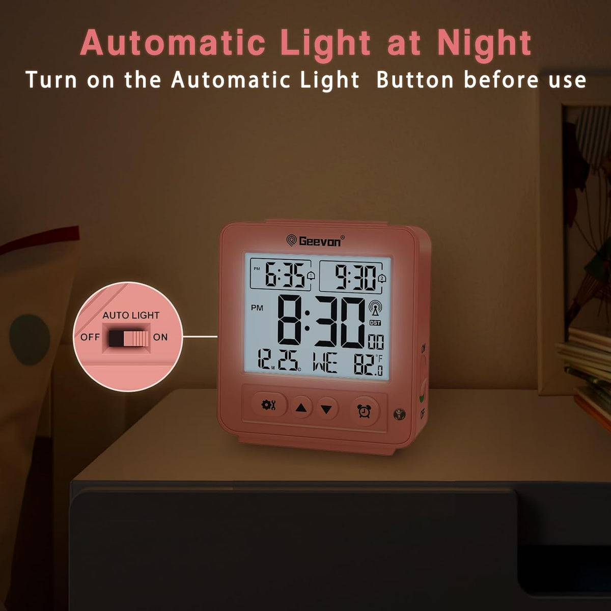 Small Digital Atomic Alarm Clock for Bedroom, Travel Table Clock with Auto/8s Backlight, 2 Alarm, Temperature, Desk Clock Battery Operated for Deep Sleepers Kids Elderly Home Office, Pink