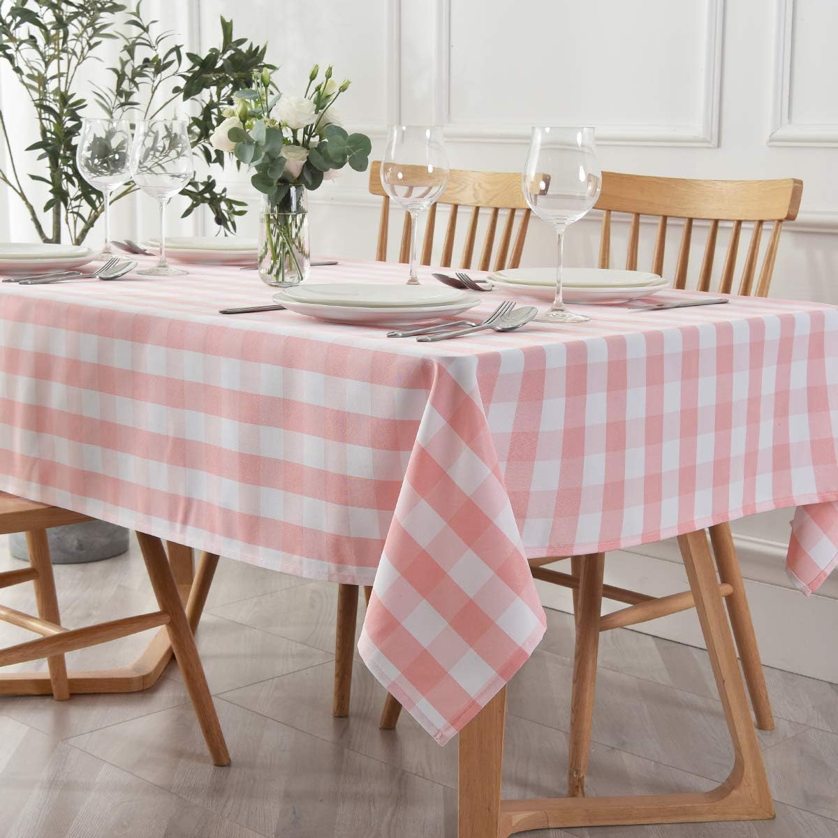 Checkered Rectangle Tablecloth Water Resistance Wrinkle Free Spillproof Heavy Weight Gingham Plaid Table Cloth for Buffet Banquet Parties Event Holiday Dinner, 60 x 84 Inch Pink and White