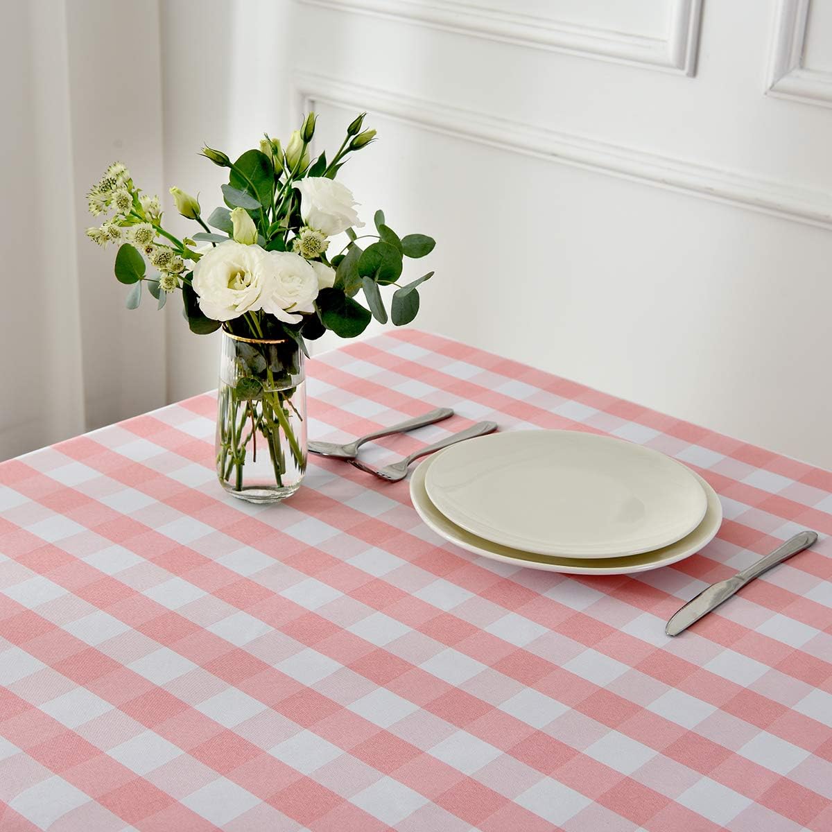 Checkered Rectangle Tablecloth Water Resistance Wrinkle Free Spillproof Heavy Weight Gingham Plaid Table Cloth for Buffet Banquet Parties Event Holiday Dinner, 60 x 84 Inch Pink and White