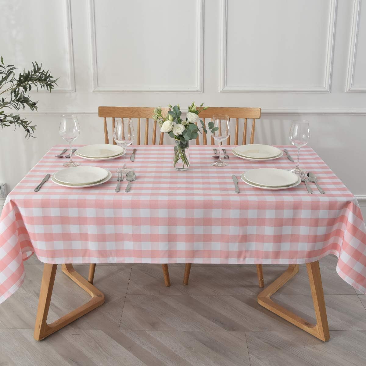 Checkered Rectangle Tablecloth Water Resistance Wrinkle Free Spillproof Heavy Weight Gingham Plaid Table Cloth for Buffet Banquet Parties Event Holiday Dinner, 60 x 84 Inch Pink and White
