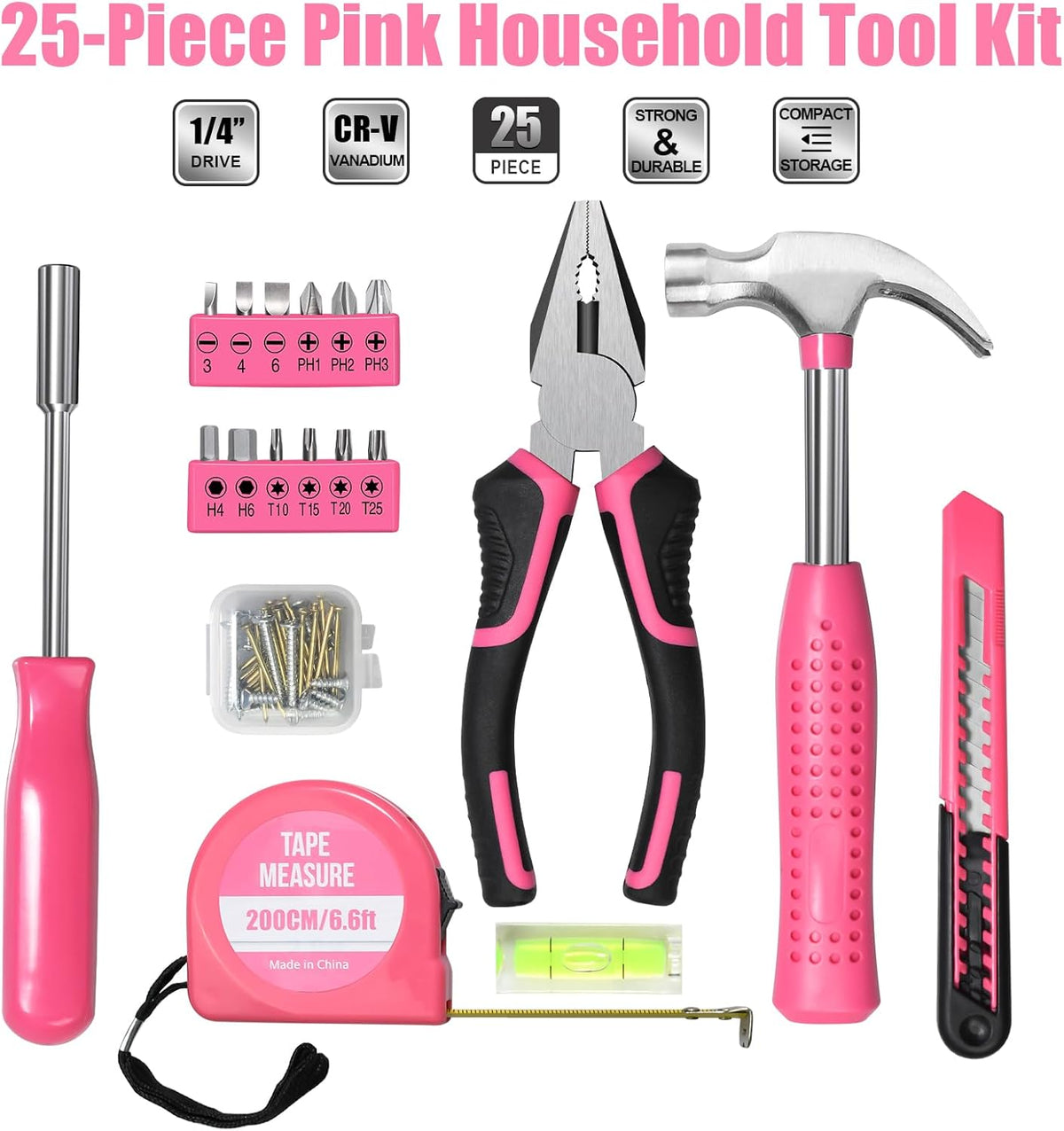 Tool Set 25pc Pink Household DIY Tool Kit for Women