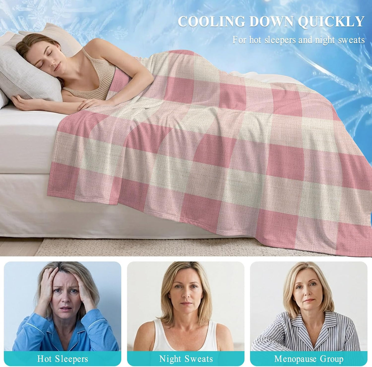 Cooling Blanket 40"x60", Pastoral Pink Gingham Check Summer Cooling Blanket Breathable Lightweight Ice Blankets Vintage Linen Texture Blankets for Night Sweats