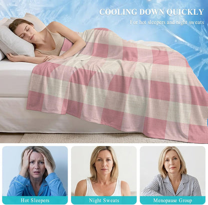 Cooling Blanket 40"x60", Pastoral Pink Gingham Check Summer Cooling Blanket Breathable Lightweight Ice Blankets Vintage Linen Texture Blankets for Night Sweats