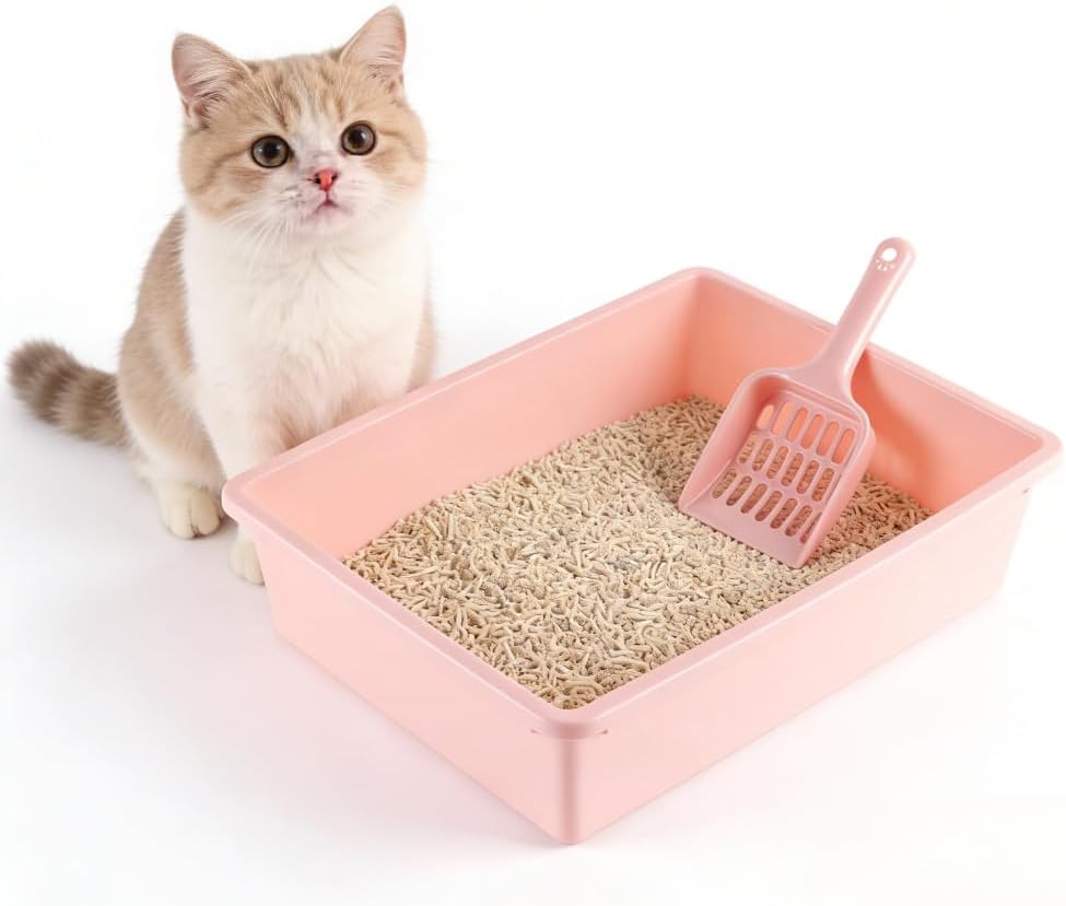 Splash-Proof High-Sided Cat Litter Pan - Spill Guard Kitty Litter Tray with Durable Design, Ideal for Cats & Small Pets Included Litter Scoop(Pink)