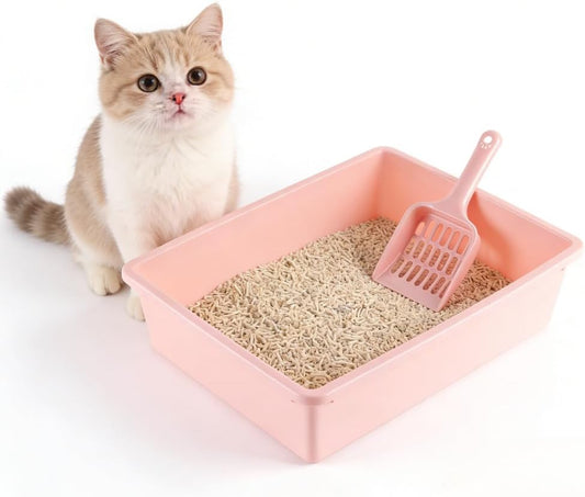 Splash-Proof High-Sided Cat Litter Pan - Spill Guard Kitty Litter Tray with Durable Design, Ideal for Cats & Small Pets Included Litter Scoop(Pink)