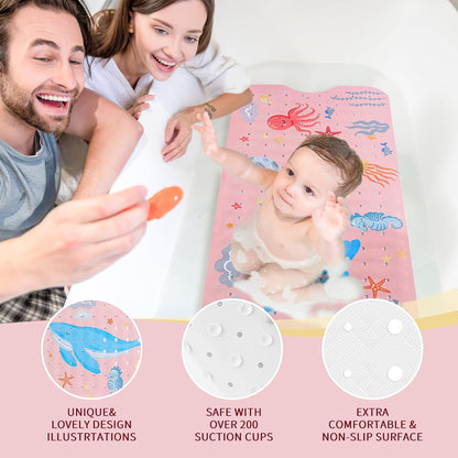 Kids Bath Mat for Tub Non Slip，40 X 16 Inch Extra Long Kids Bathtub Mat Ocean Bathtub Shower Mat Safety Anti Slip with Suction Cups and Drain Holes, Machine Washable(Pink Whale)