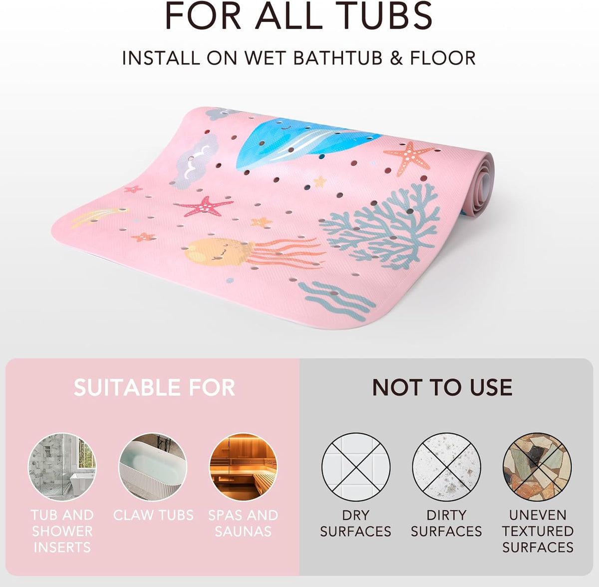 Kids Bath Mat for Tub Non Slip，40 X 16 Inch Extra Long Kids Bathtub Mat Ocean Bathtub Shower Mat Safety Anti Slip with Suction Cups and Drain Holes, Machine Washable(Pink Whale)