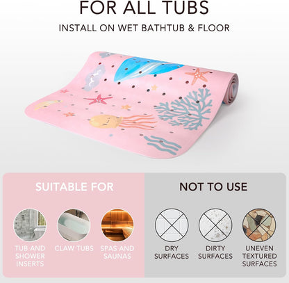 Kids Bath Mat for Tub Non Slip，40 X 16 Inch Extra Long Kids Bathtub Mat Ocean Bathtub Shower Mat Safety Anti Slip with Suction Cups and Drain Holes, Machine Washable(Pink Whale)