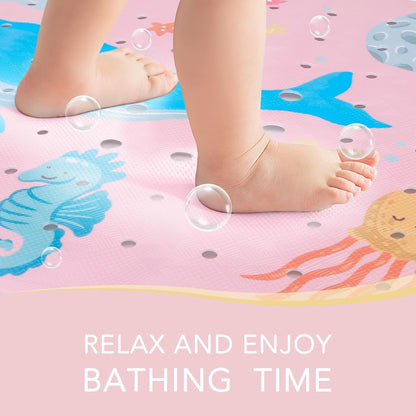 Kids Bath Mat for Tub Non Slip，40 X 16 Inch Extra Long Kids Bathtub Mat Ocean Bathtub Shower Mat Safety Anti Slip with Suction Cups and Drain Holes, Machine Washable(Pink Whale)