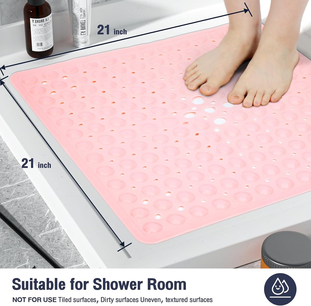 Square Shower Mat Bathtub Mat Tub Bath Mat Non Slip Pink 21"x21"