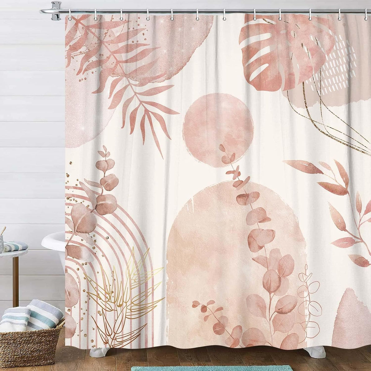 Pink Boho Shower Curtain, Abstract Bohemian Mid Century Modern Tropical Palm Leaves Shower Curtain Set, Gold Geometric Plant Minimalist Polyester Bathroom Decor Bath Curtains with Hooks,36X72