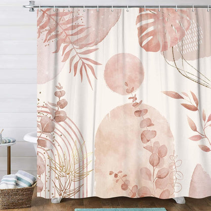 Pink Boho Shower Curtain, Abstract Bohemian Mid Century Modern Tropical Palm Leaves Shower Curtain Set, Gold Geometric Plant Minimalist Polyester Bathroom Decor Bath Curtains with Hooks,36X72