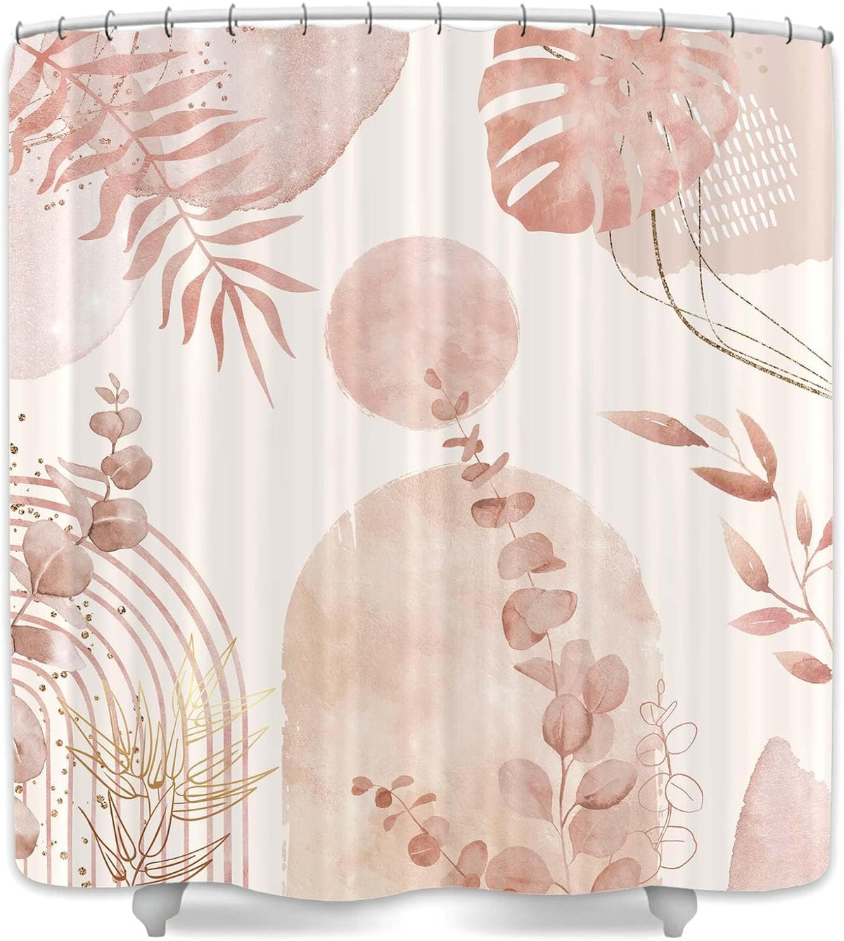 Pink Boho Shower Curtain, Abstract Bohemian Mid Century Modern Tropical Palm Leaves Shower Curtain Set, Gold Geometric Plant Minimalist Polyester Bathroom Decor Bath Curtains with Hooks,36X72