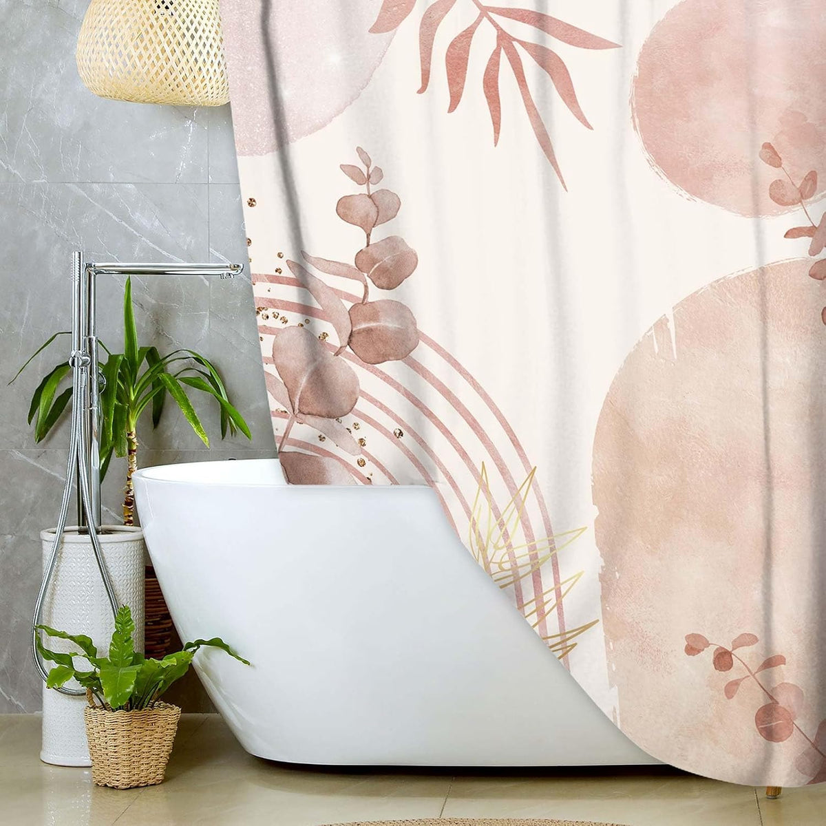 Pink Boho Shower Curtain, Abstract Bohemian Mid Century Modern Tropical Palm Leaves Shower Curtain Set, Gold Geometric Plant Minimalist Polyester Bathroom Decor Bath Curtains with Hooks,36X72