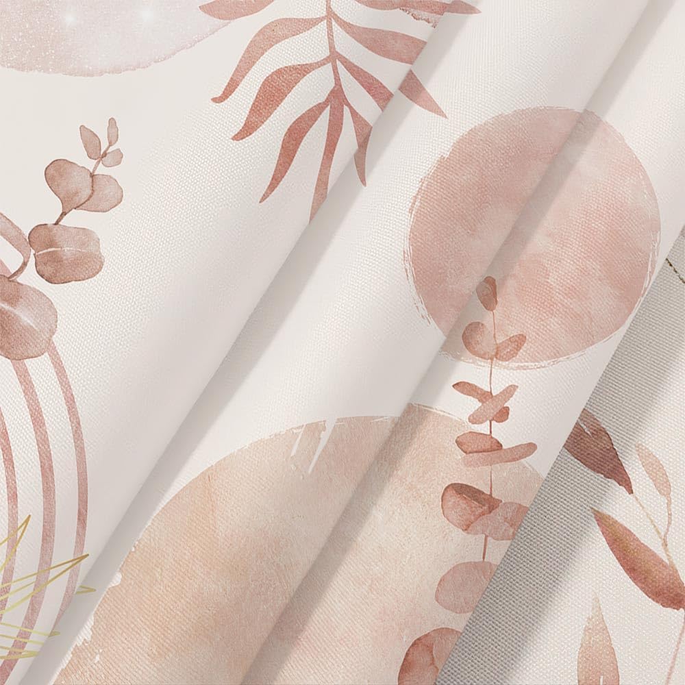 Pink Boho Shower Curtain, Abstract Bohemian Mid Century Modern Tropical Palm Leaves Shower Curtain Set, Gold Geometric Plant Minimalist Polyester Bathroom Decor Bath Curtains with Hooks,36X72