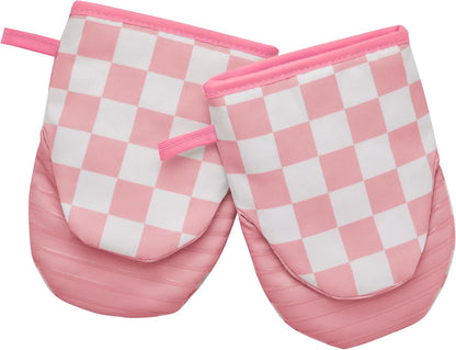 Pink Checkered Mini Oven Mitts Heat Resistant, Vintage Retro Checkerboard Mini Silicone Oven Mitts Cute, Non-Slip Small Short Kitchen Oven Gloves Set of 2