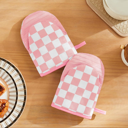 Pink Checkered Mini Oven Mitts Heat Resistant, Vintage Retro Checkerboard Mini Silicone Oven Mitts Cute, Non-Slip Small Short Kitchen Oven Gloves Set of 2