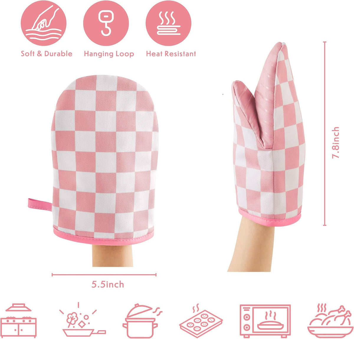 Pink Checkered Mini Oven Mitts Heat Resistant, Vintage Retro Checkerboard Mini Silicone Oven Mitts Cute, Non-Slip Small Short Kitchen Oven Gloves Set of 2