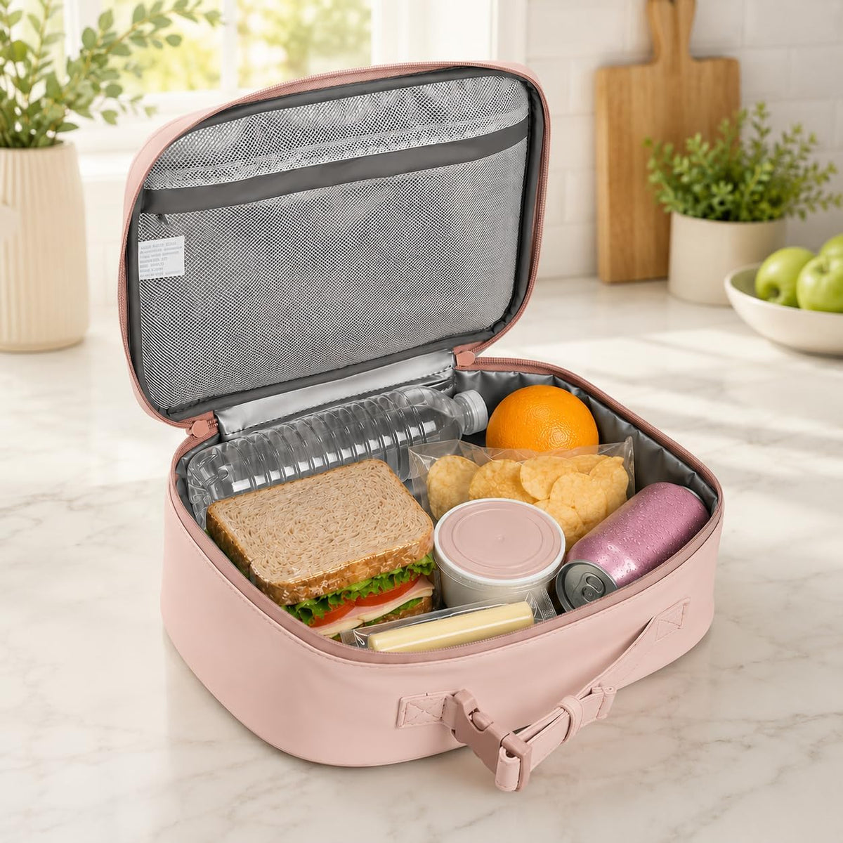 Mess Hall Insulated Lunch Box for Women, Easy Clean Leak Resistant Lunch Bag with AirTag Pouch, Pink Rose Quartz