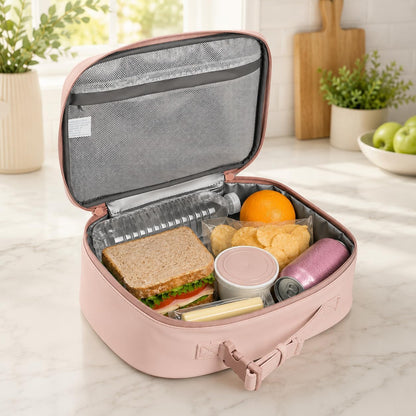 Mess Hall Insulated Lunch Box for Women, Easy Clean Leak Resistant Lunch Bag with AirTag Pouch, Pink Rose Quartz