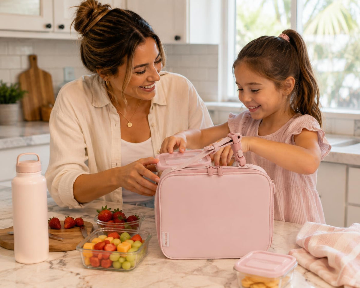 Mess Hall Insulated Lunch Box for Women, Easy Clean Leak Resistant Lunch Bag with AirTag Pouch, Pink Rose Quartz