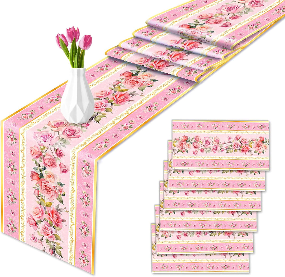 6Pcs Pink Flower Table Runner Tea Party Decorations Disposable Plastic Table Runner for Summer Spring Birthday Wedding Holiday Kitchen Decoration,108x14In(Pink)