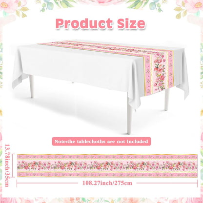 6Pcs Pink Flower Table Runner Tea Party Decorations Disposable Plastic Table Runner for Summer Spring Birthday Wedding Holiday Kitchen Decoration,108x14In(Pink)