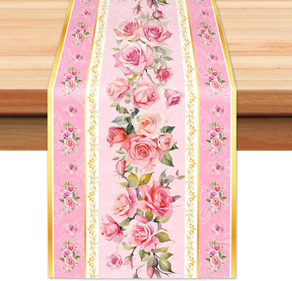 6Pcs Pink Flower Table Runner Tea Party Decorations Disposable Plastic Table Runner for Summer Spring Birthday Wedding Holiday Kitchen Decoration,108x14In(Pink)