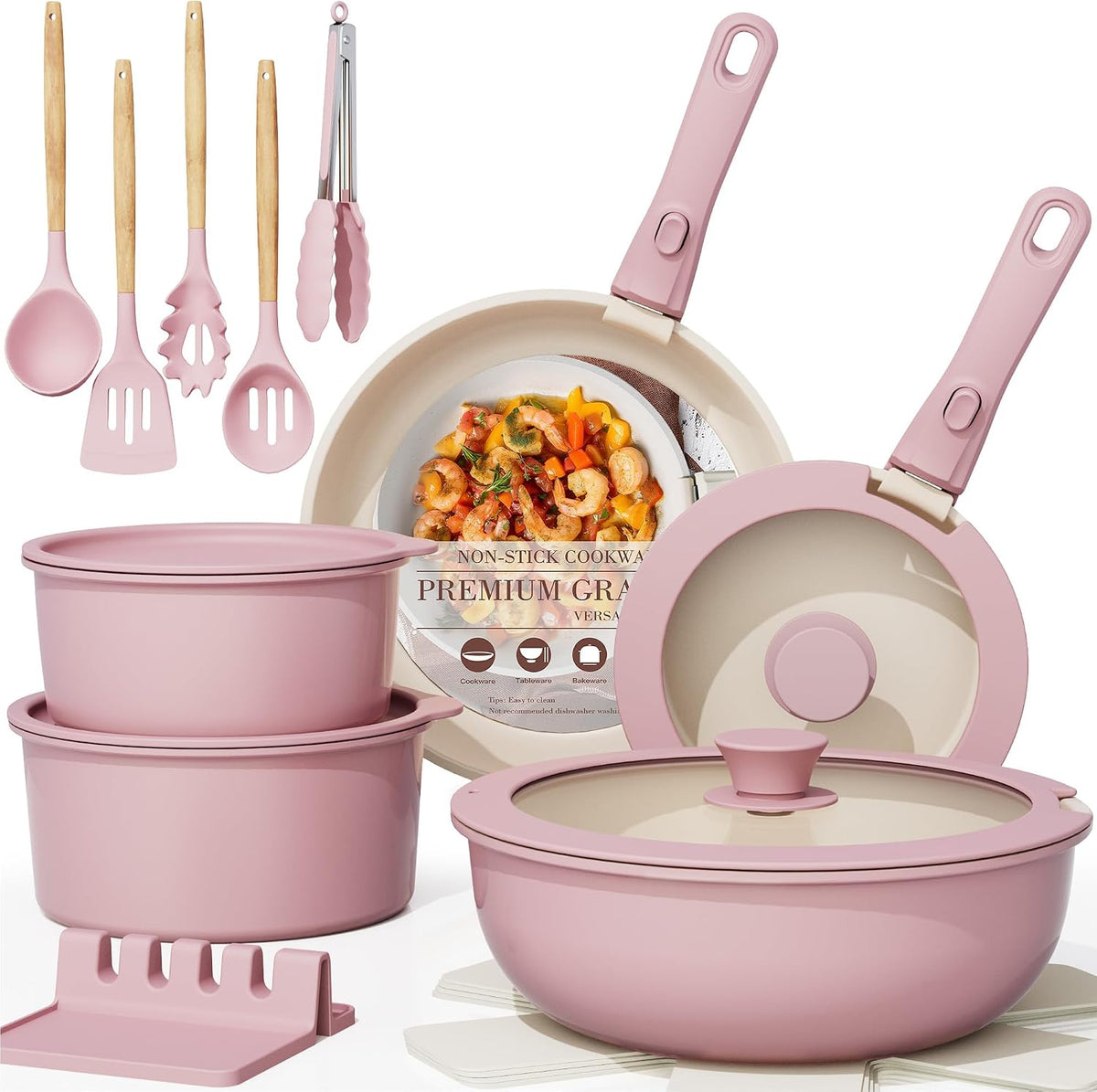 21 Pcs Pots and Pans Set Non Stick, Ceramic Cookware Set Detachable Handle, RV Kitchen Cooking Set Removable Handles, Oven Safe, Induction Ready, Stackable, Pink, Fathers Day Gift for Men
