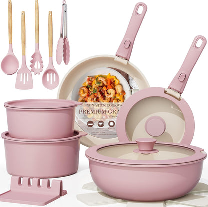 21 Pcs Pots and Pans Set Non Stick, Ceramic Cookware Set Detachable Handle, RV Kitchen Cooking Set Removable Handles, Oven Safe, Induction Ready, Stackable, Pink, Fathers Day Gift for Men