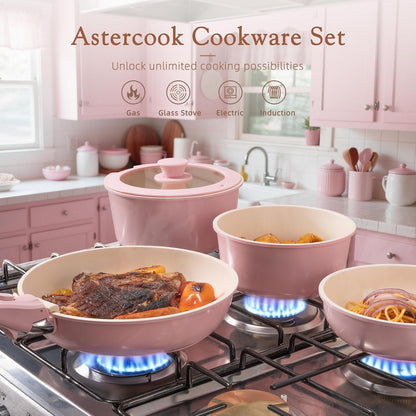 21 Pcs Pots and Pans Set Non Stick, Ceramic Cookware Set Detachable Handle, RV Kitchen Cooking Set Removable Handles, Oven Safe, Induction Ready, Stackable, Pink, Fathers Day Gift for Men