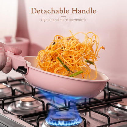21 Pcs Pots and Pans Set Non Stick, Ceramic Cookware Set Detachable Handle, RV Kitchen Cooking Set Removable Handles, Oven Safe, Induction Ready, Stackable, Pink, Fathers Day Gift for Men